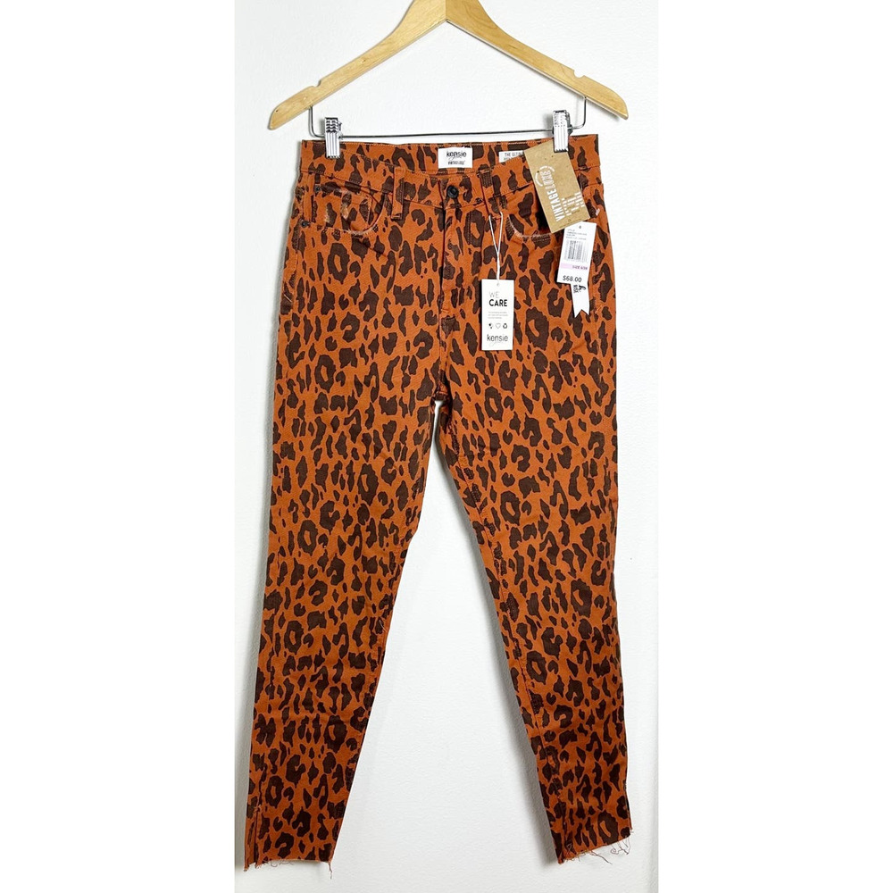 NWT KENSIE High Rise Raw Hem Skinny Jeans In Baked Clay Leopard sz 6